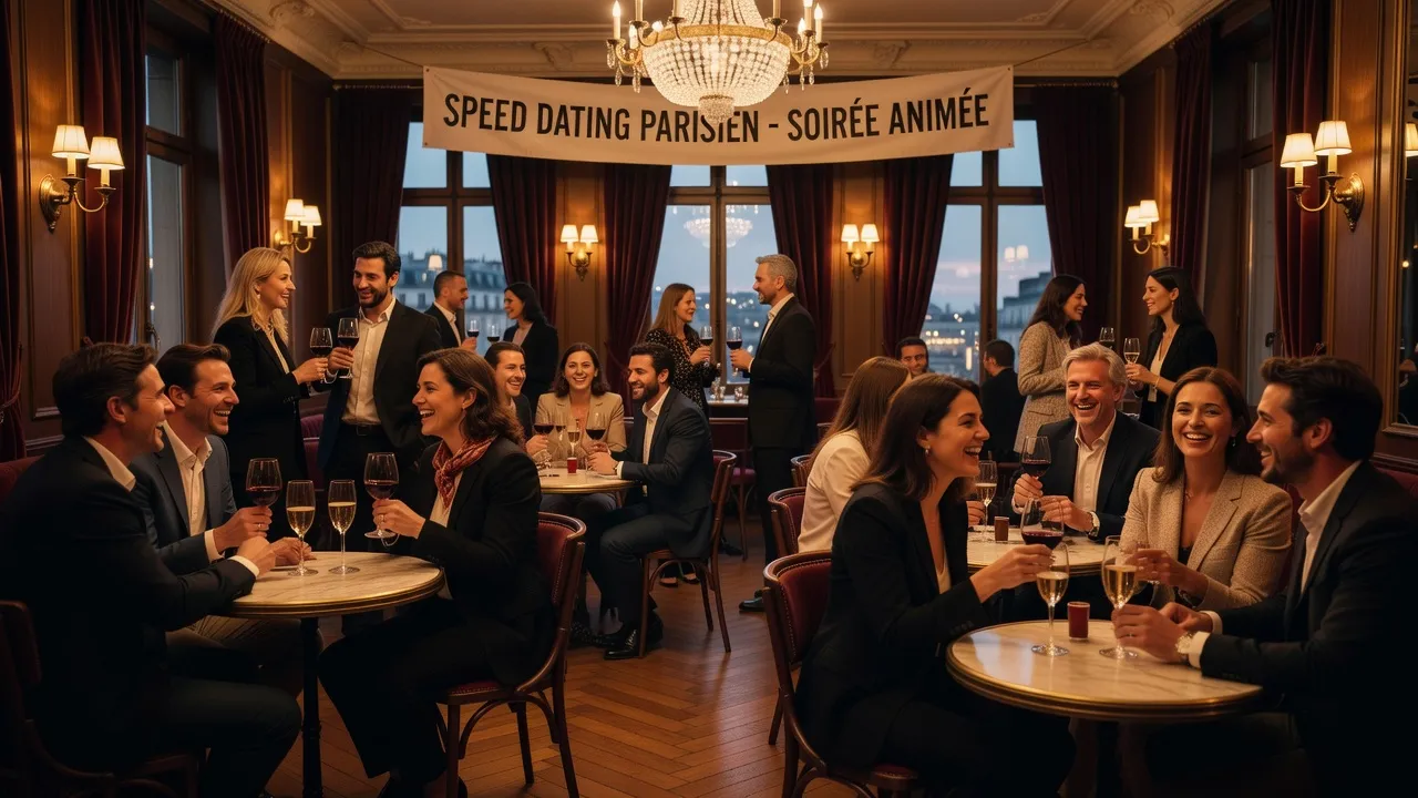 Ambiance festive d'un événement speed dating parisien, participants debout avec verres à la main