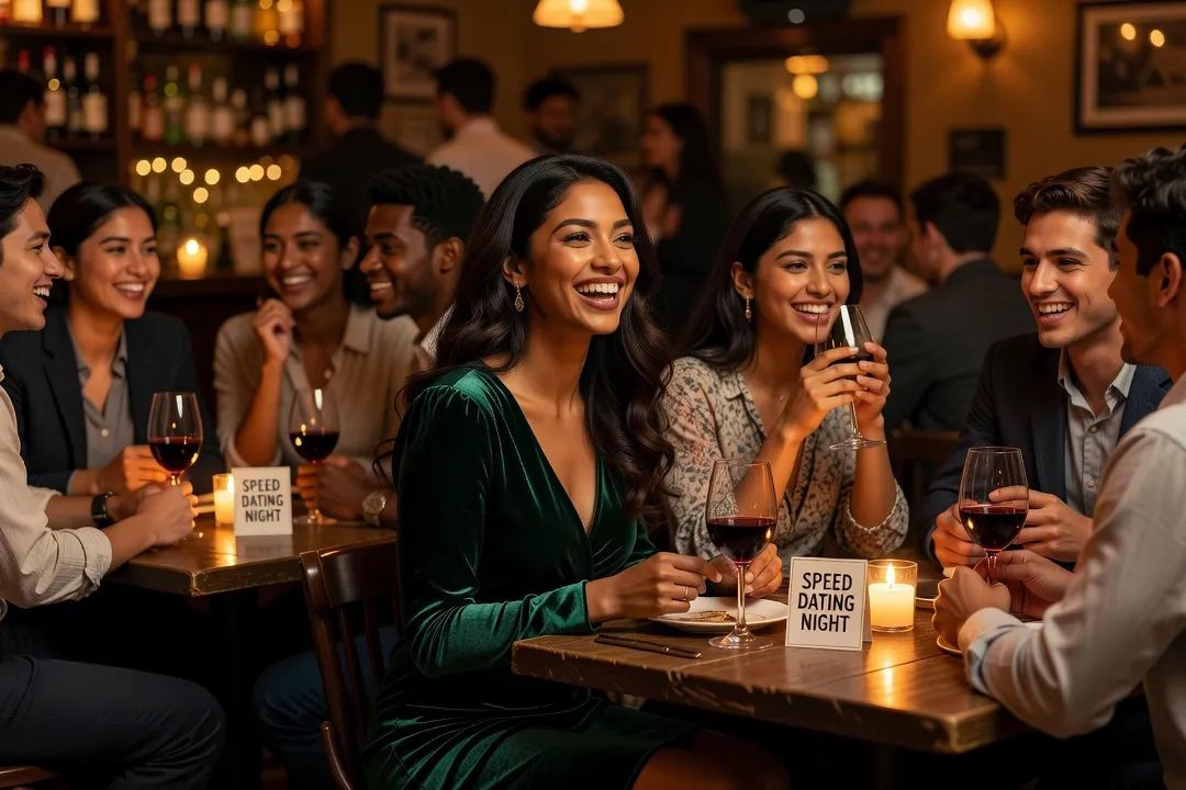 Groupe d'amis souriants participant à un speed dating dans un bar convivial
