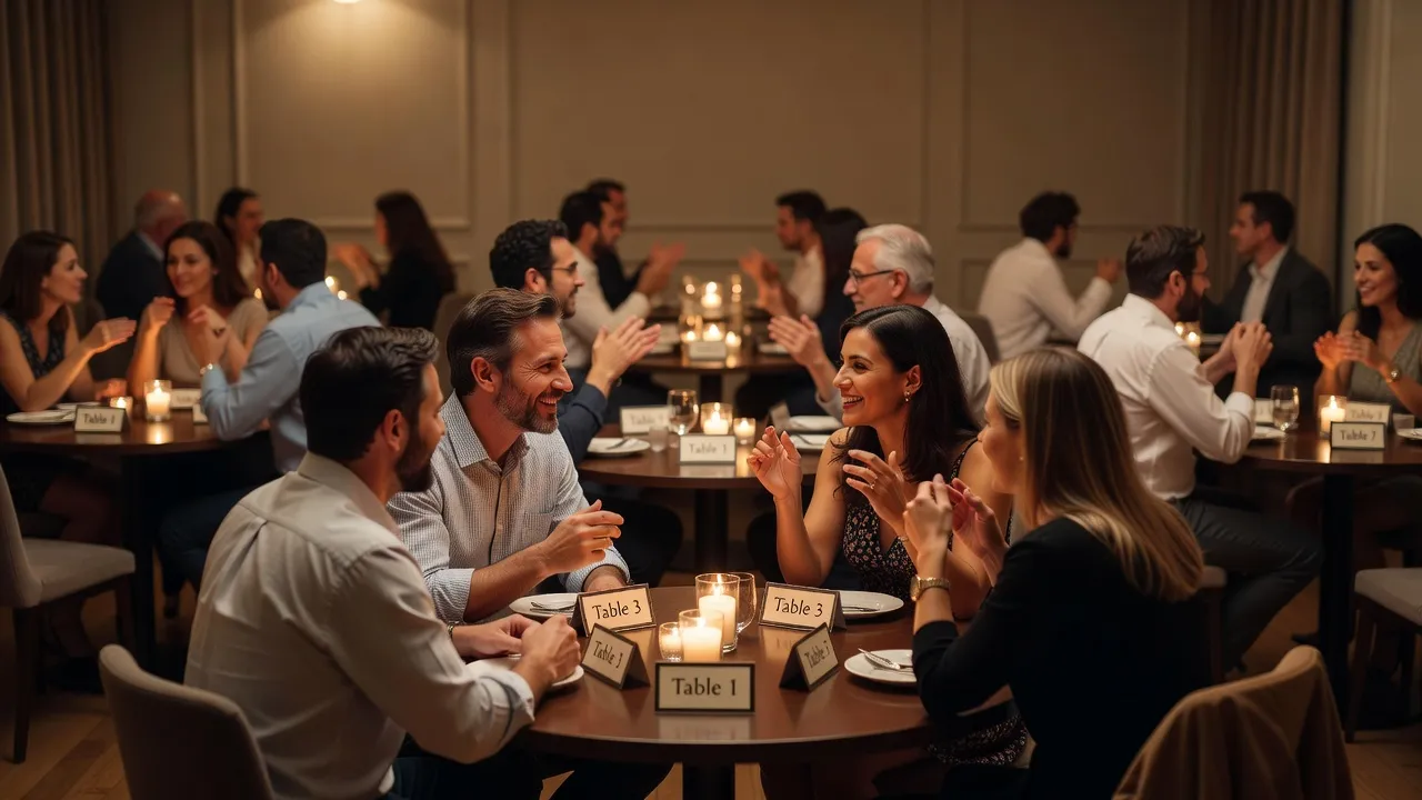Salle de speed dating bien organisée avec tables rondes, bougies et couples en conversation