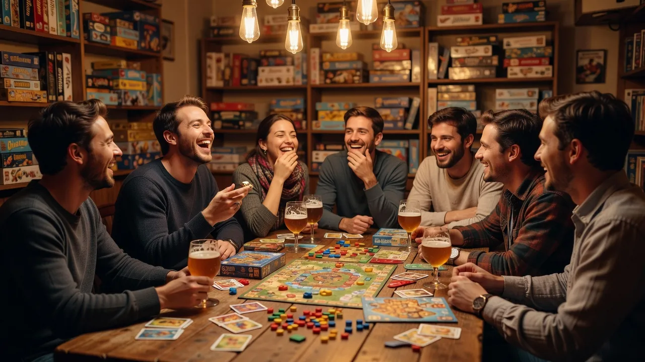 Groupe de personnes riant autour d'une soirée jeux de société dans un bar à jeux