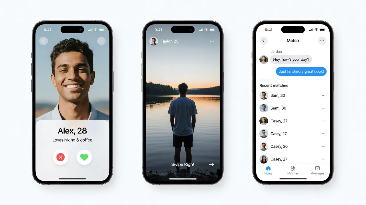Plusieurs smartphones affichant des interfaces d'apps de rencontre côte à côte — comparaison visuelle