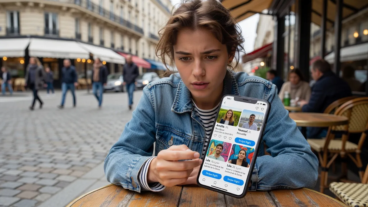 Personne scrollant sur une app de rencontre, interface moderne et profils variés