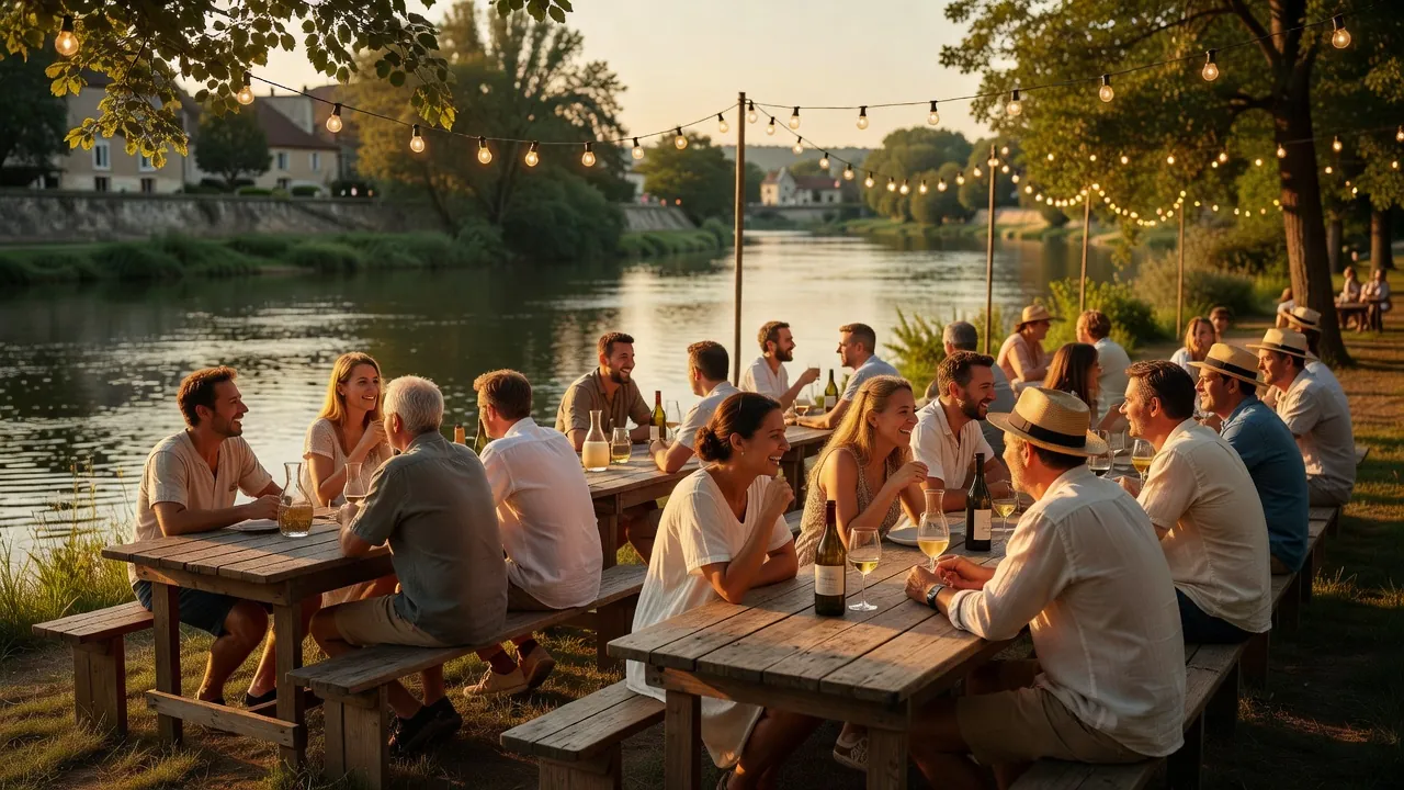 Guingette en bord de Loire à Tours, tables en bois et ambiance estivale au coucher du soleil
