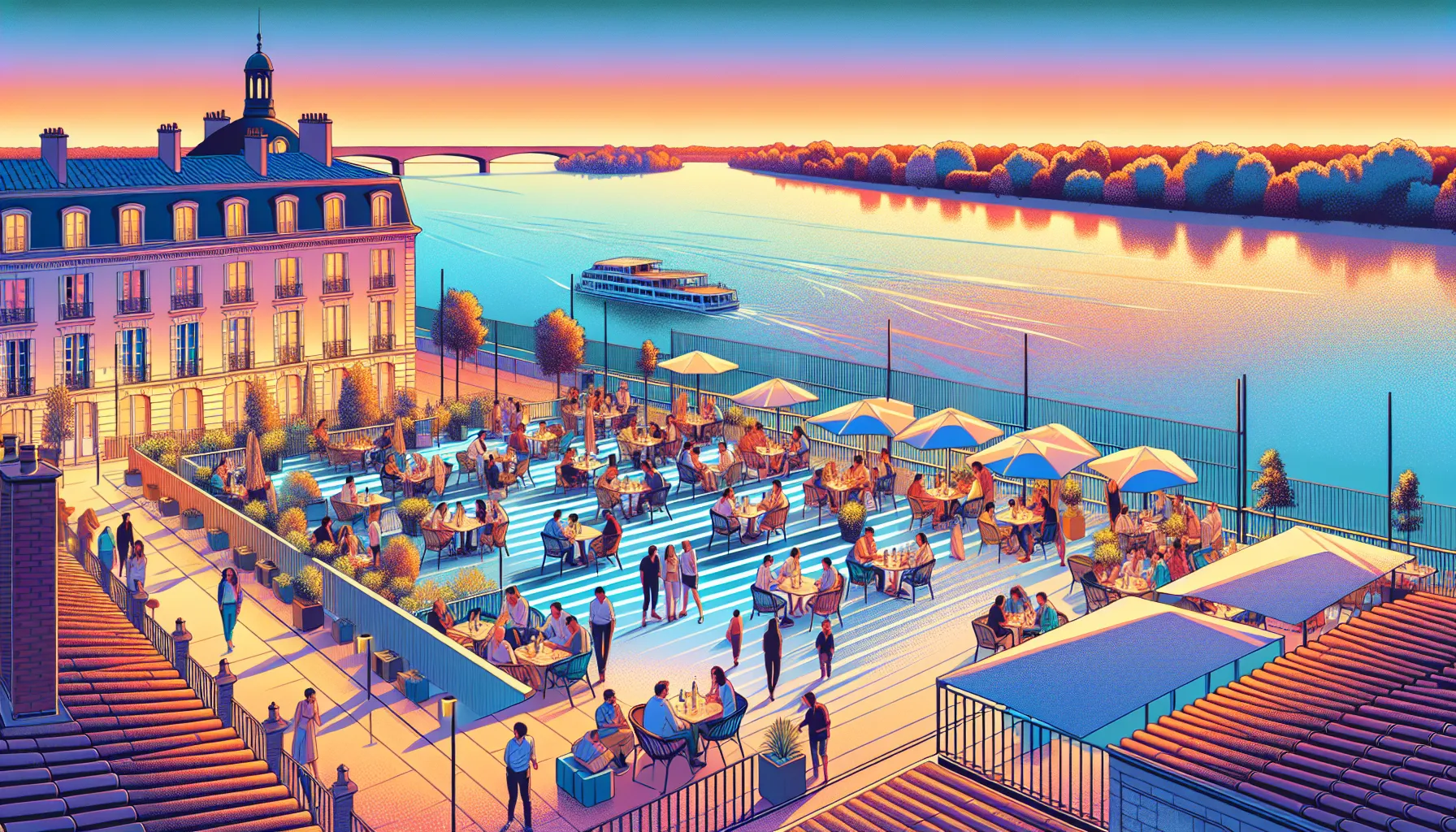 Terrasse animee au coucher du soleil