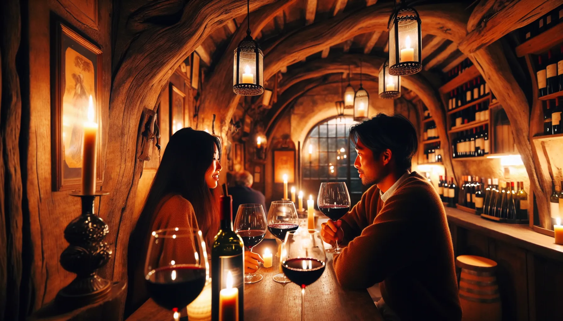 Bar a vin intimiste avec verres de vin rouge