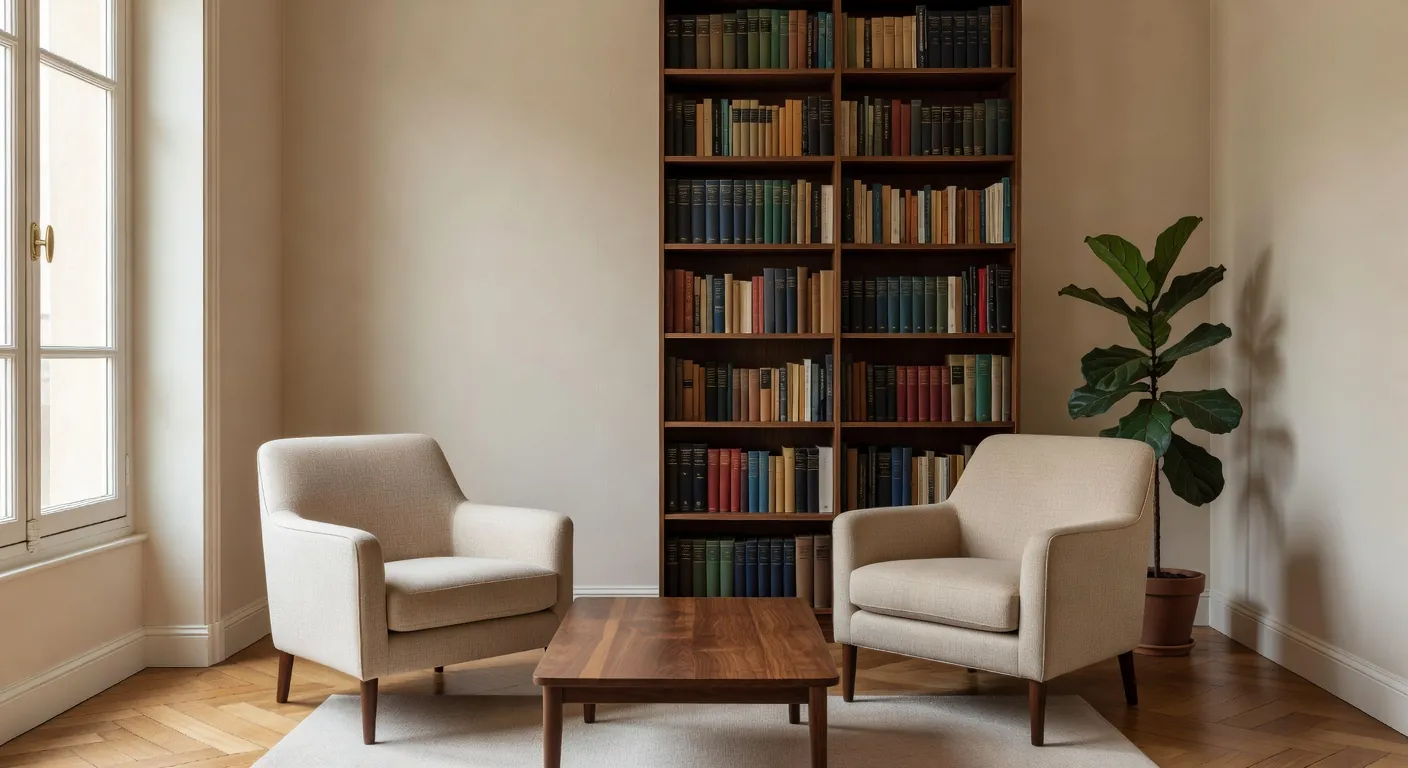 Cabinet de psychologue à Paris : un canapé et deux fauteuils en bois clair