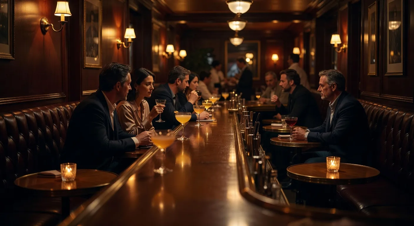 Bar parisien le soir avec ambiance feutrée, vu de la perspective d'un homme qui aborde une femme