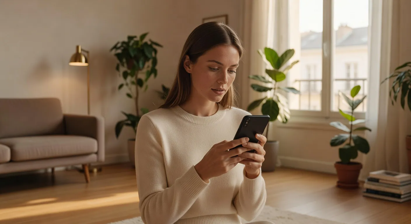 Femme rédigeant sa description Bumble sur smartphone dans un café parisien