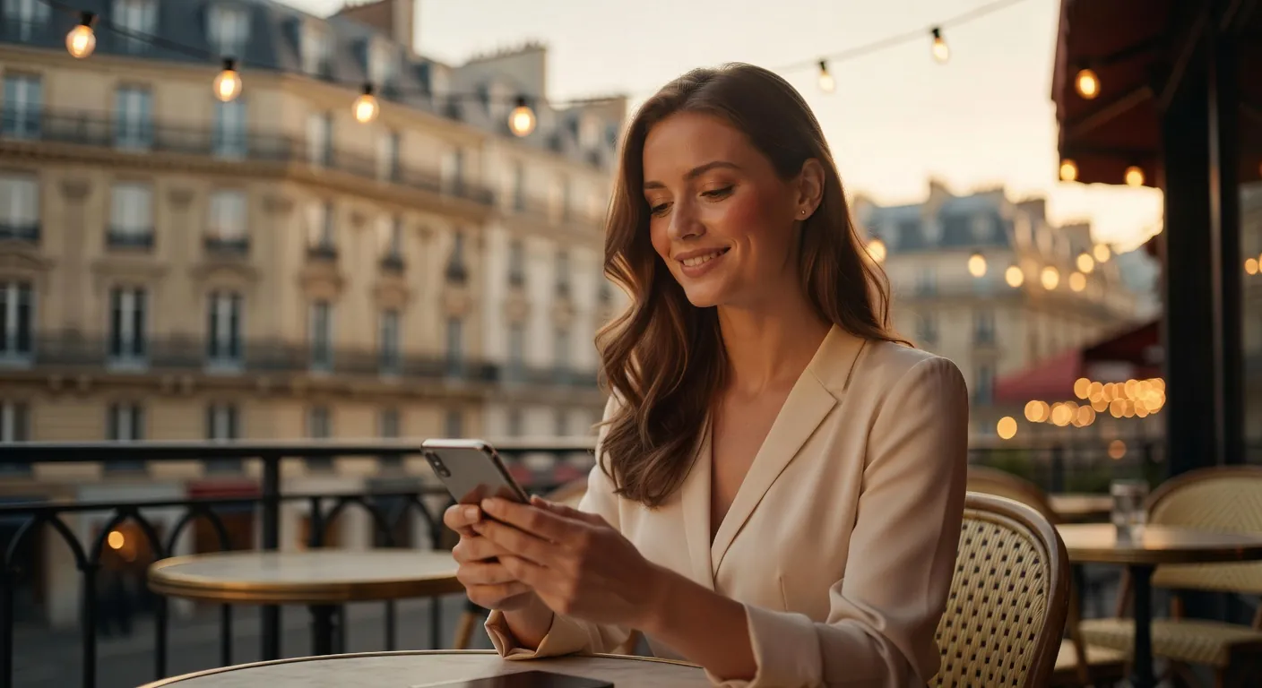 Femme française rédigeant sa description sur une application de rencontre