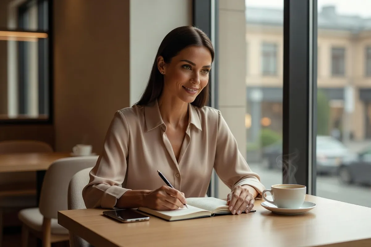 Femme élégante rédigeant son annonce de rencontre dans un carnet, smartphone et café sur la table