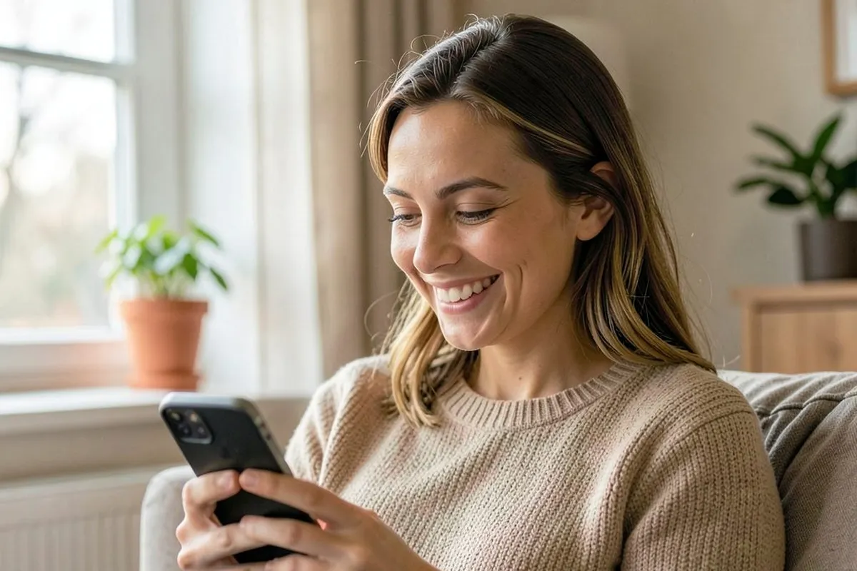 Femme souriante consultant une application de rencontre sur son smartphone