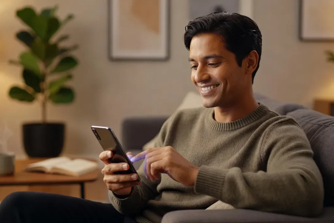 Adulte souriant qui tape un message sur son smartphone après un match sur une application de rencontre