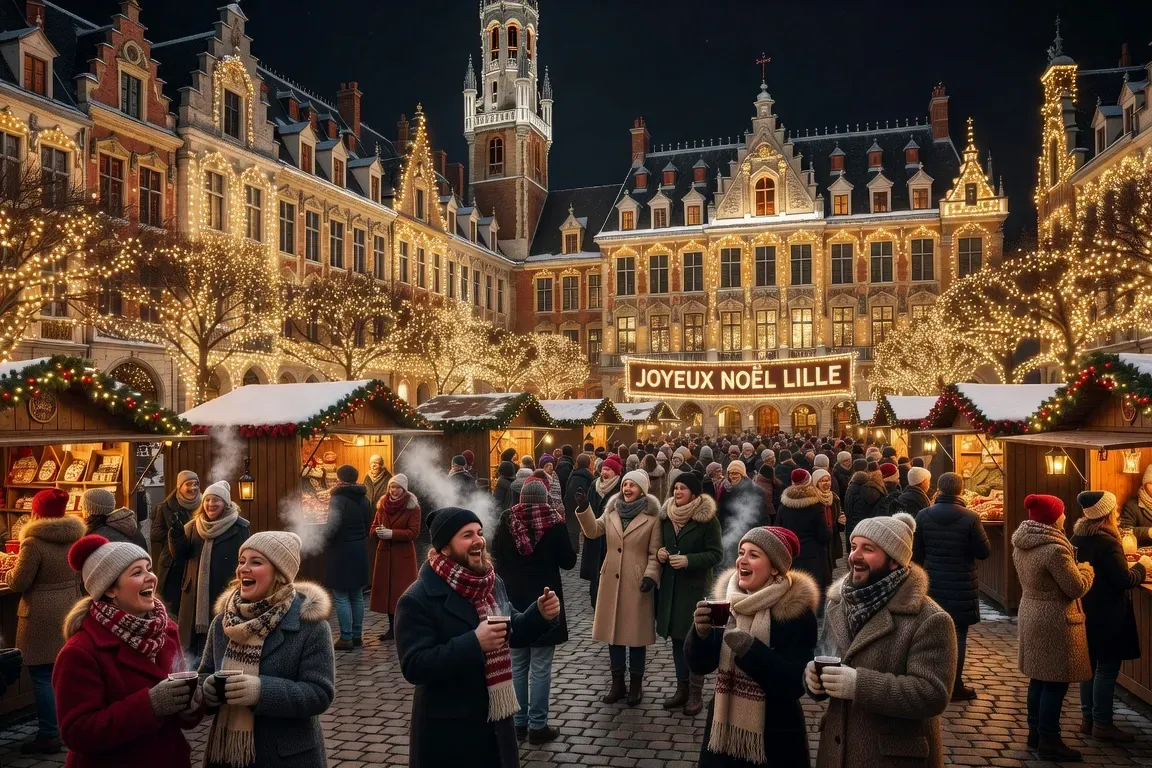 Grand-Place de Lille illuminée de nuit, foule joyeuse, ambiance festive nordiste