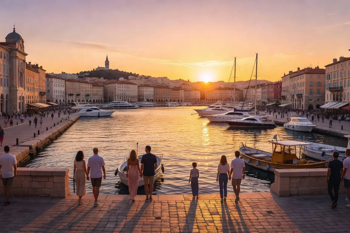 Vieux-Port de Marseille au coucher du soleil, couples et célibataires se promenant