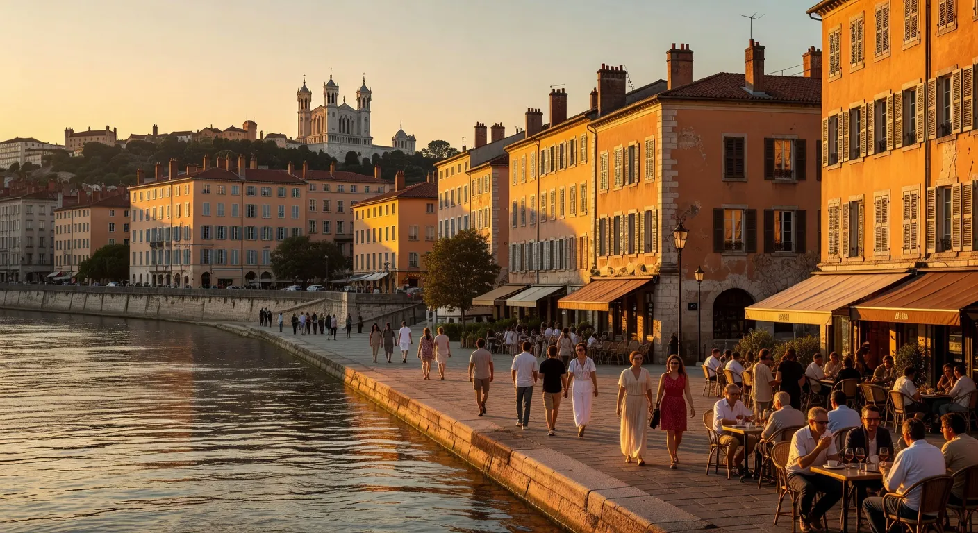 Quais de Saône à Lyon au coucher du soleil, scène de drague urbaine