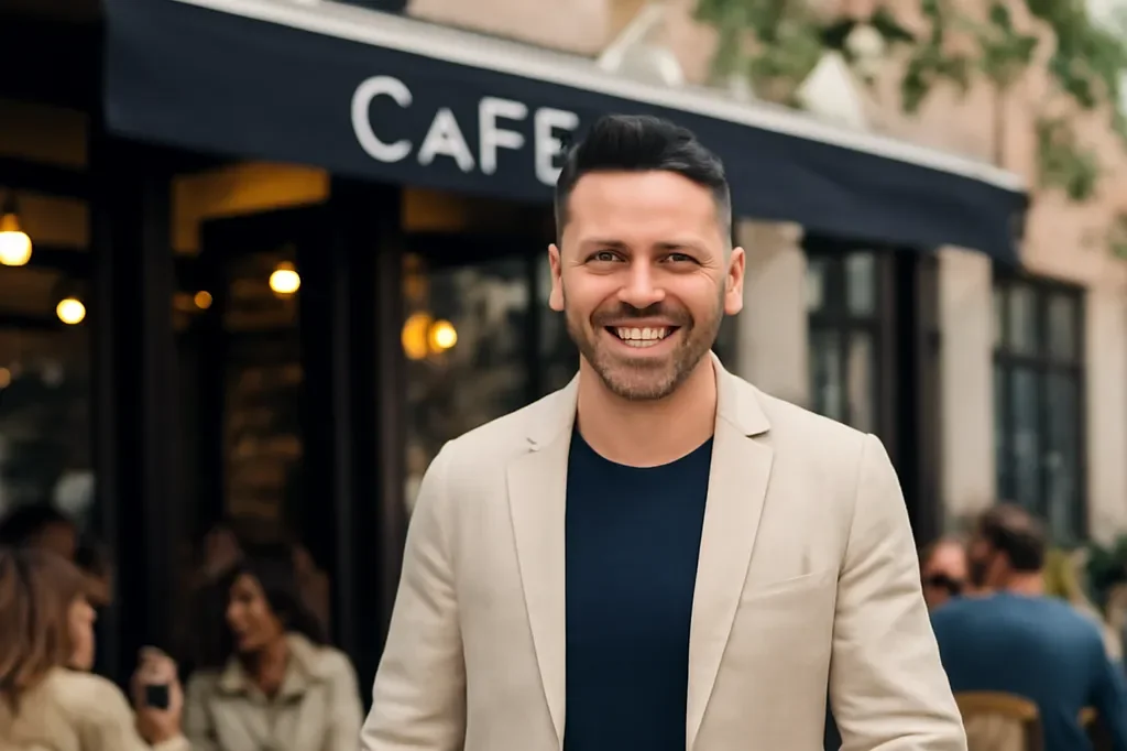 Adulte souriant et confiant marchant vers un café animé en centre-ville de jour