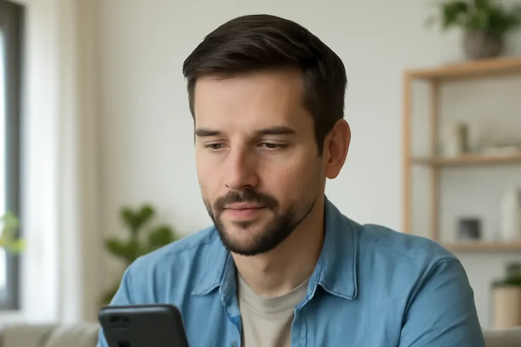 Adulte utilisant un smartphone avec une expression attentive et sereine dans un intérieur moderne