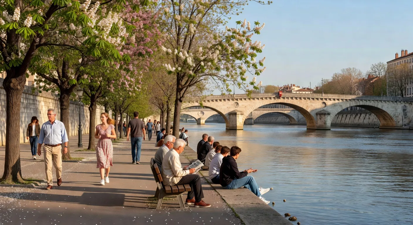 Quais de Saône à Lyon au printemps avec promeneurs et terrasses
