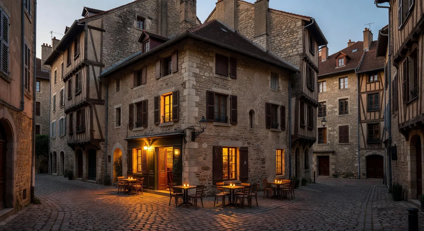 Bar à vin du Vieux-Lyon en soirée avec terrasse pavée