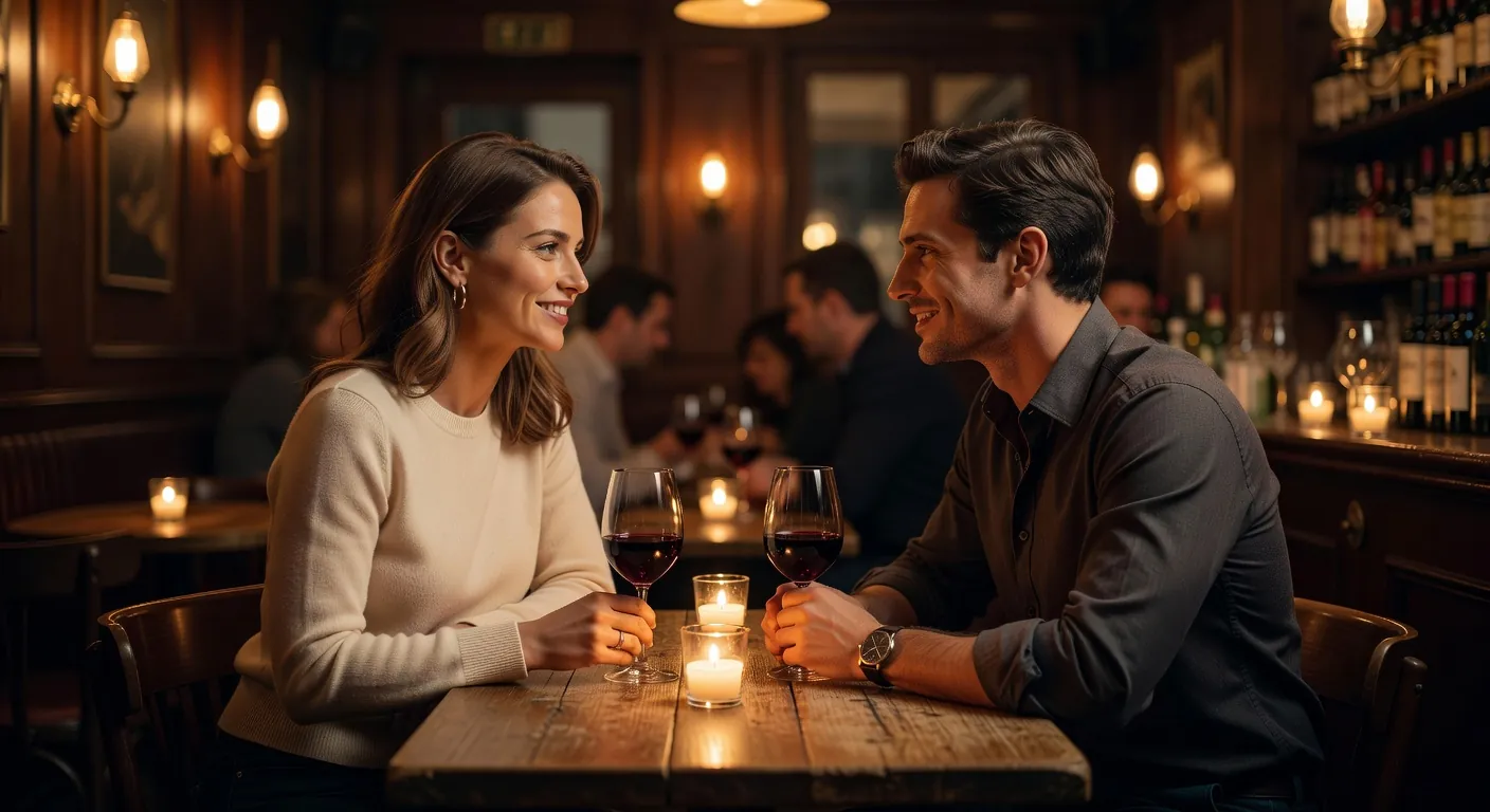 Couple qui converse au bar lors d'un premier rendez-vous après un match sur application