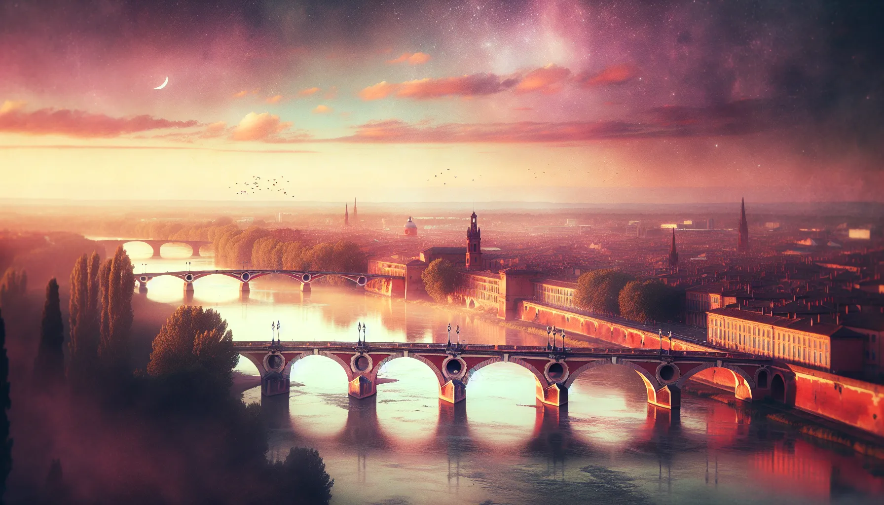 Vue sur un fleuve au crépuscule